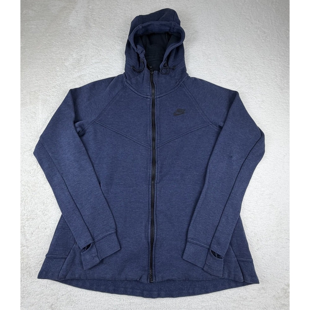 Nike Tech Fleece Jacket Womens Dark Blue Full Zip Hoodie Thumbholes Size Large